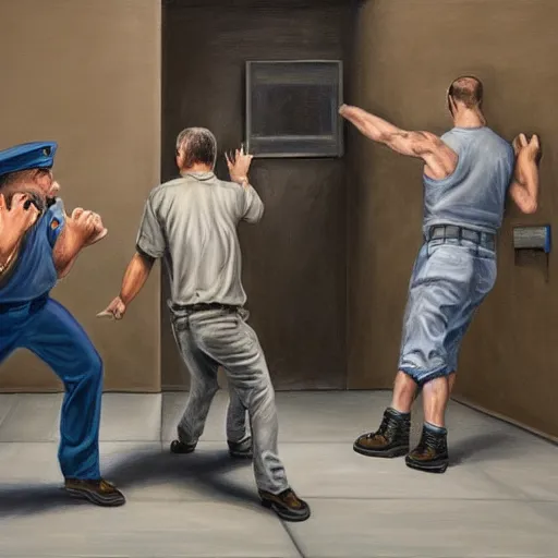Image similar to hyperrealism painting of prisoners scheming to escape prison while guards are distracted by a fight