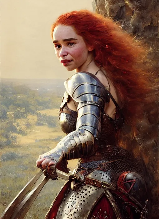 Prompt: short muscular redheaded woman wearing realistic medieval armour, emilia clarke staring seductively, staring seductively, detailed by gaston bussiere, bayard wu, greg rutkowski, giger, maxim verehin, greg rutkowski, masterpiece, sharp focus, cinematic lightning