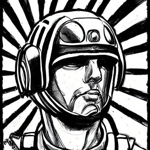 Image similar to a sci-fi pilot ink drawing, in the style of Roman sustov.