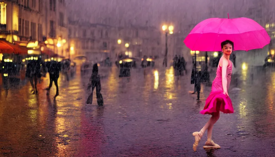 Prompt: street of paris photography, night, rain, mist, only one prima ballerina dancing, a pink umbrella, cinestill 8 0 0 t, in the style of william eggleston