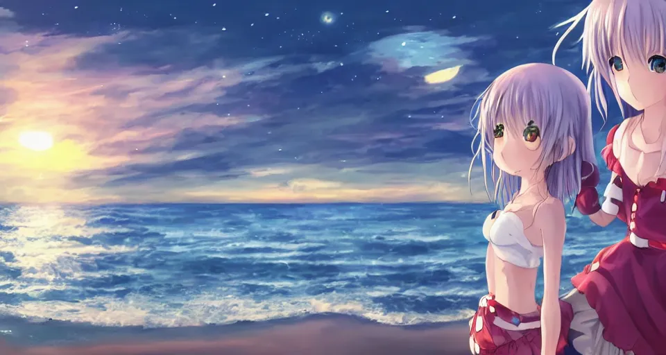 Prompt: one anime girl standing on a pier with the ocean as background at twilight, her blue shiny detailed eyes are looking at the camera, cute, big moon above the water, colorful, magical, detailed face, small nose and mouth, normal big anime eyes, 8k, based on Puella Magi Madoka Magica