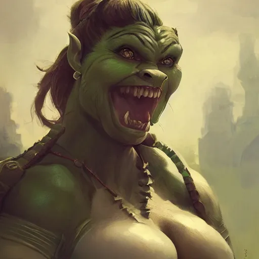 Prompt: a full character portrait of a toned physique green orc woman with a ponytail in full plate armor, by greg rutkowski, wlop, trending on artstation