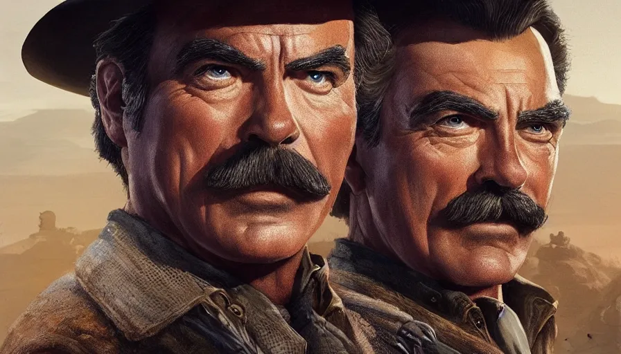 Image similar to tom selleck in a western movie, hyperdetailed, artstation, cgsociety, 8 k