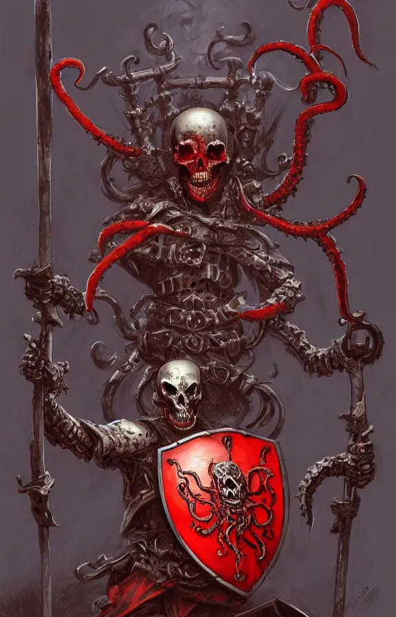 Prompt: skeleton holding a medieval shield and spear, surrounded by red evil death tentacles, digital concept art, artstation, hyper detailed, hyper realistic, dark atmosphere, full body, art by frank frazetta