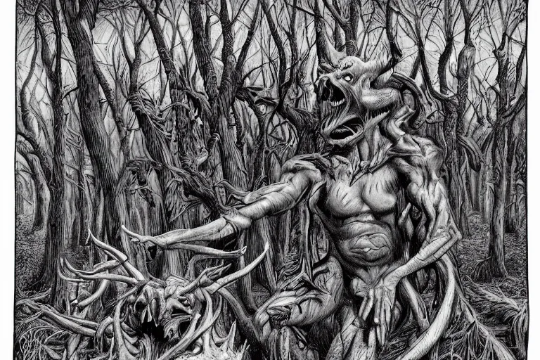 Image similar to multi headed demon in a forest in the style of wayne barlowe