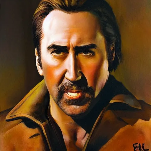 Image similar to ultra realistic portrait painting of nicholas cage as a western outlaw, art by frank frazetta, 4 k, ultra realistic, highly detailed, epic lighting