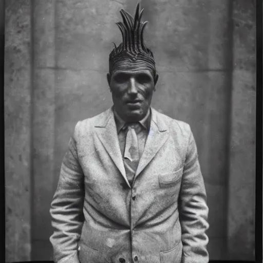 Prompt: Wet plate image of a mythic man, age 34, Standing outside 30 Rockefeller Center, He has large black wings, Dark photo, Slightly blurred,