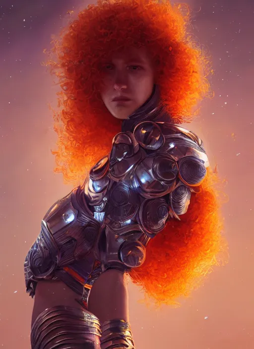 Image similar to masterpiece artwork of a curly orange hair man with cosmic armor, au naturel, hyper detailed, digital art, trending in artstation, cinematic lighting, studio quality, smooth render, unreal engine 5 rendered, octane rendered, art style by klimt and nixeu and ian sprigger and wlop and krenz cushart