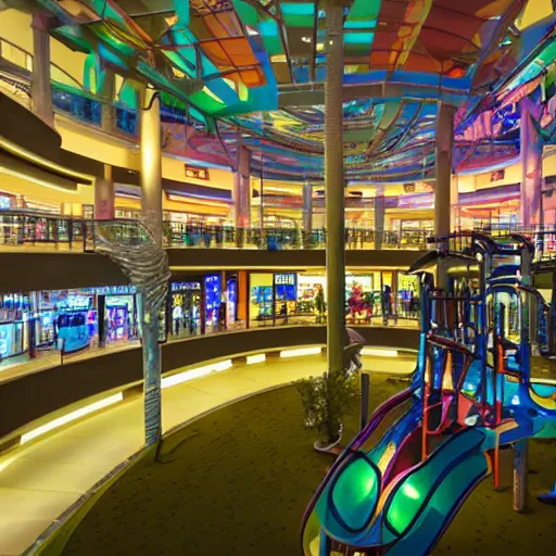 Image similar to A futuristic mall with a playground at night