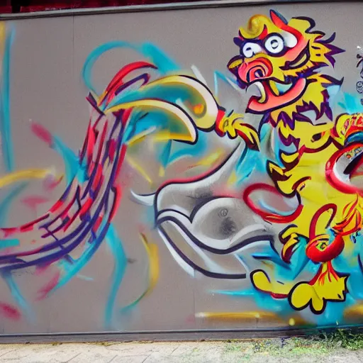 Image similar to lion dance, china, graffiti style, spraypainted on a wall