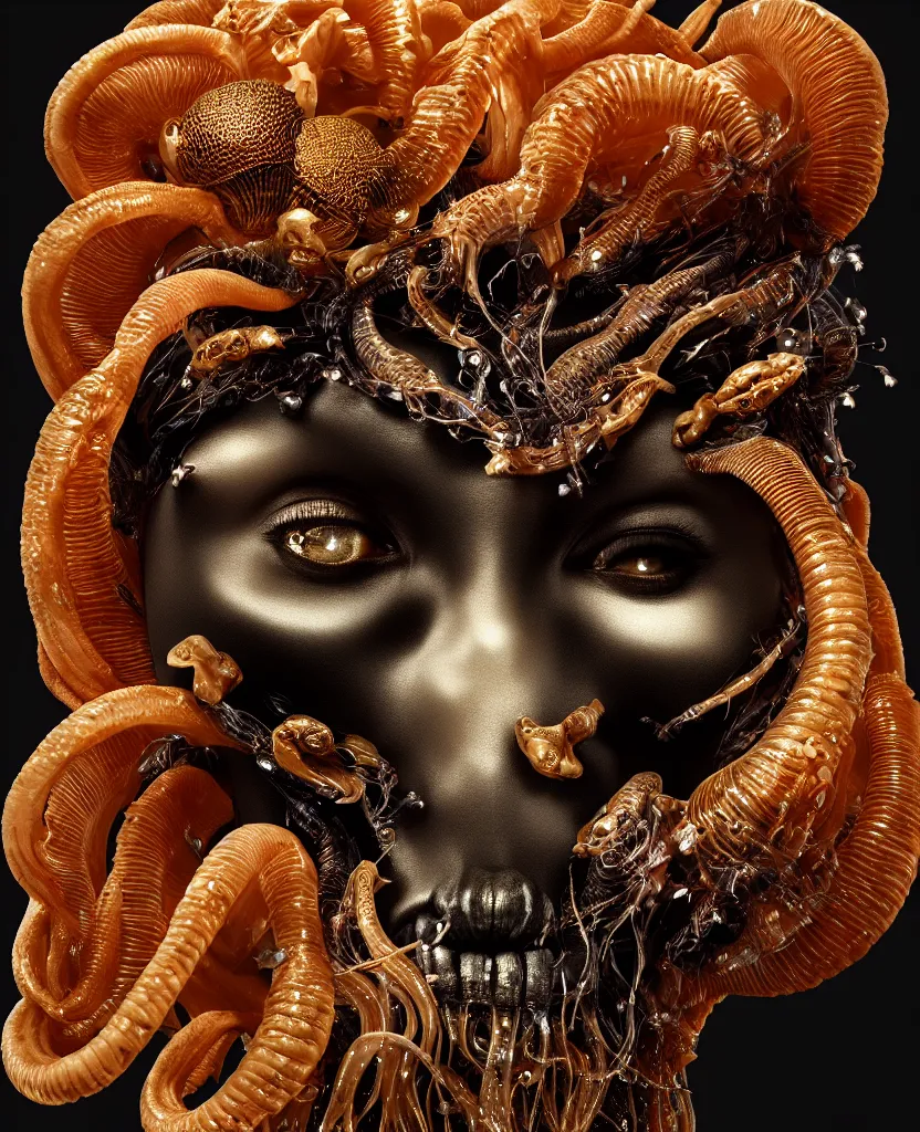 Image similar to black background. goddess princess face close-up portrait ram skull. sculpture made of gold and brilliants. jellyfish phoenix head, nautilus, orchid, skull, betta fish, bioluminiscent creatures, intricate artwork by Tooth Wu and wlop and beeple. octane render, trending on artstation, greg rutkowski very coherent symmetrical artwork. cinematic, hyper realism, high detail, octane render, 8k