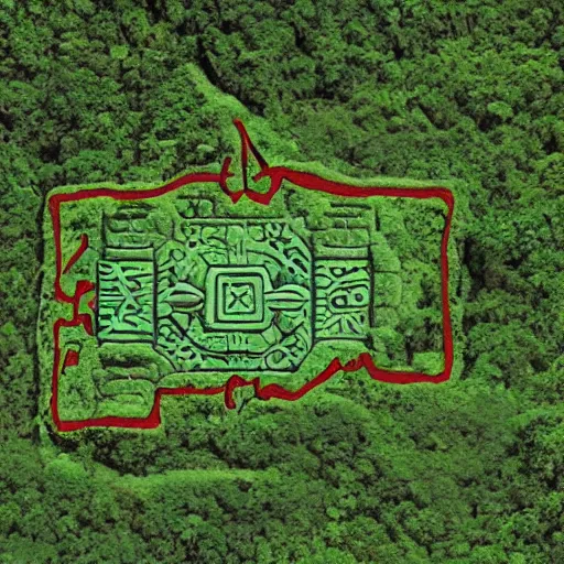 Image similar to treasure map leading to an aztec temple in the middle of the amazon jungle