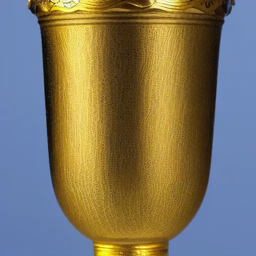 Prompt: goblet, gold cup, scratched metallic pattern, particles defocused, haze