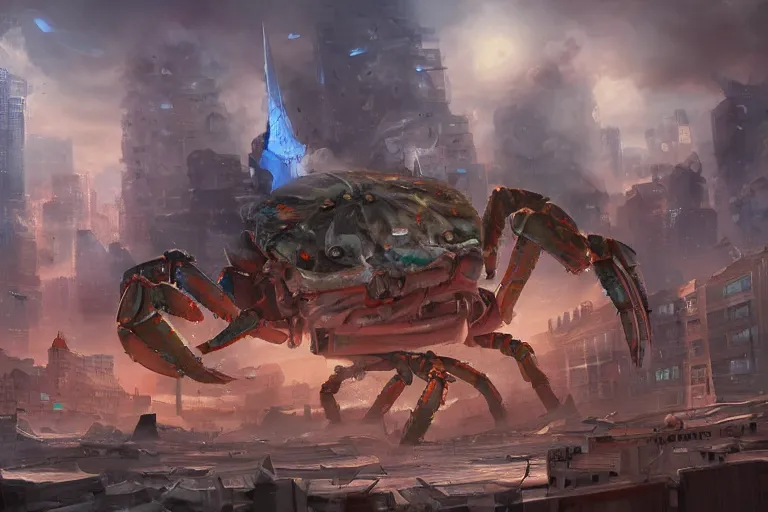 Image similar to giant mechanical crab destroying buildings on a city, digital painting, mixed media, trending on artstation and deviantart, epic composition, highly detailed, 8 k