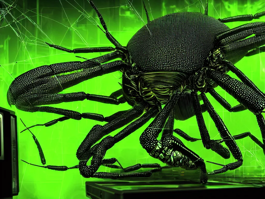 Image similar to a terrifying giant bug emerging from strands of neon green computer code text, matrix, hyperrealistic, digital painting, 8 k, artstation, very detailed