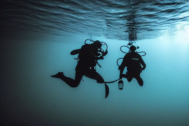 Image similar to a ominous scuba diver swimming underwater, photo-realistic low lighting, creepy, vast, shot by a camera,