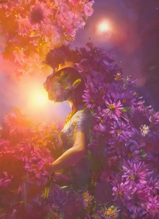 Image similar to An epic fantastic realism comic book style painting of the most beautiful flowers launched into space, bouquets, fisheye lens, unreal 5, DAZ, hyperrealistic, octane render, dynamic lighting