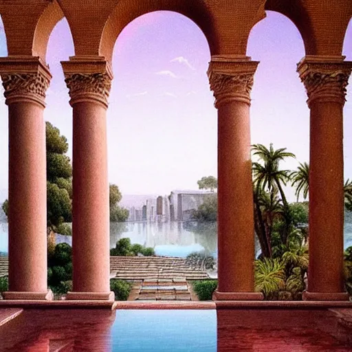 Image similar to David Ligare masterpiece, hyperrealistic surrealism, award winning masterpiece with incredible details, epic stunning, infinity pool, a surreal vaporwave liminal space, highly detailed, trending on ArtStation, broken giant marble head statue ruins, calming, meditative, pink arches, flowing silk sheets, geometric liminal space, palm trees, very vaporwave, very very surreal, sharp details, artgerm and greg rutkowski and alphonse mucha, daily deviation, IAMAG