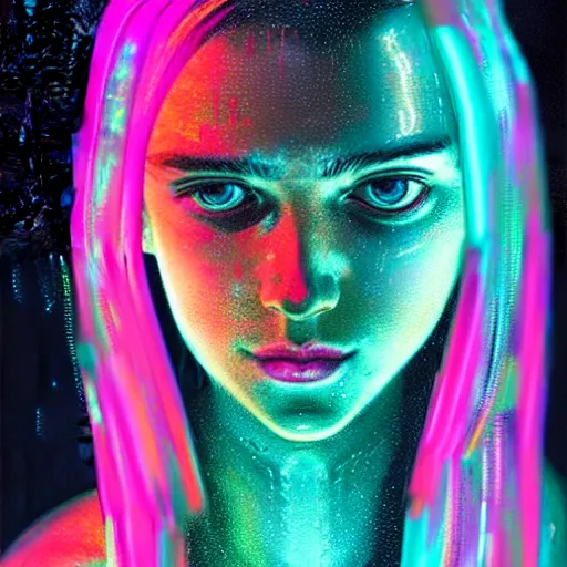 Image similar to portrait of a girl in the glowing neon rain with wet hair and face, fantasy, intricate, elegant, dramatic lighting, emotionally evoking symbolic metaphor, highly detailed, lifelike, photorealistic, digital painting, artstation, concept art, smooth, sharp focus, illustration, art by John Collier and Albert Aublet and Krenz Cushart and Artem Demura and Alphonse Mucha