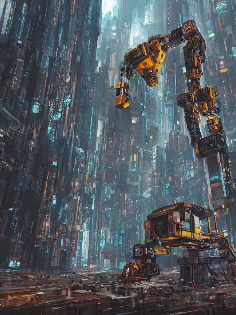 Prompt: giant builder robot in a hall of cyberpunk megacomplex