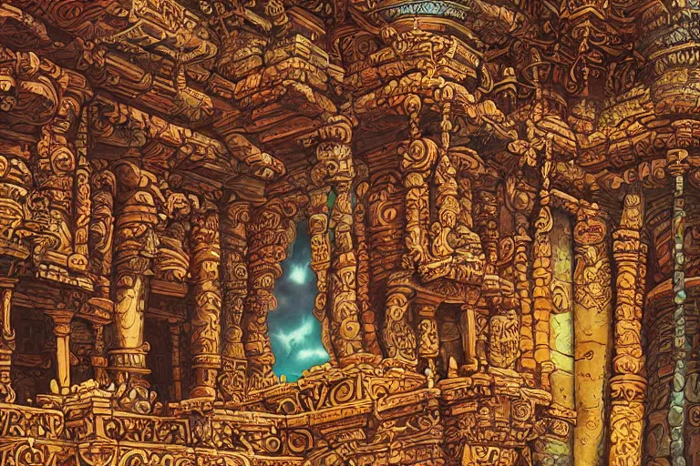 Image similar to Detailed render of an ancient intricate and ornate temple in canyon by Michael Whelan and Benjamin Lacombe and Megan Duncanson, super details, colorful, ornate background, intricate details