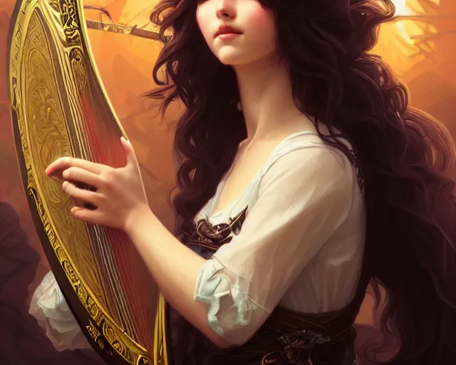 Image similar to photography of a dark long haired elve playing harp, deep focus, d & d, fantasy, intricate, elegant, highly detailed, digital painting, artstation, concept art, matte, sharp focus, illustration, hearthstone, art by artgerm and greg rutkowski and alphonse mucha