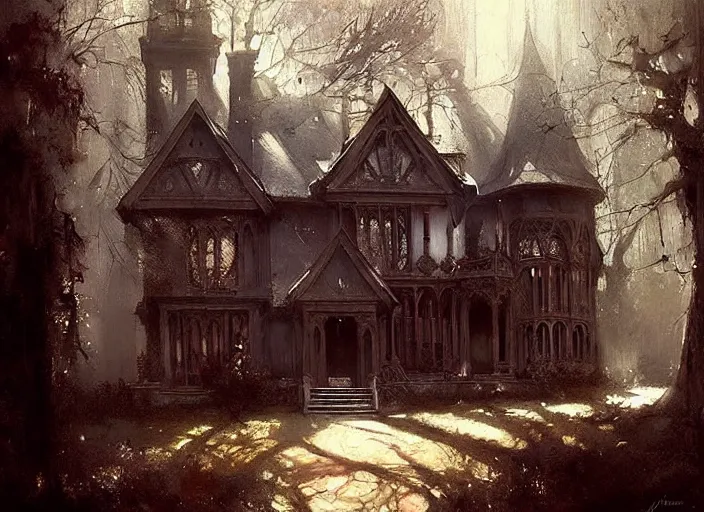 Image similar to gothic mansion, ornate, magical, artwork, paint, sunny, serene, trees, bastien lecouffe deharme, by jeremy mann