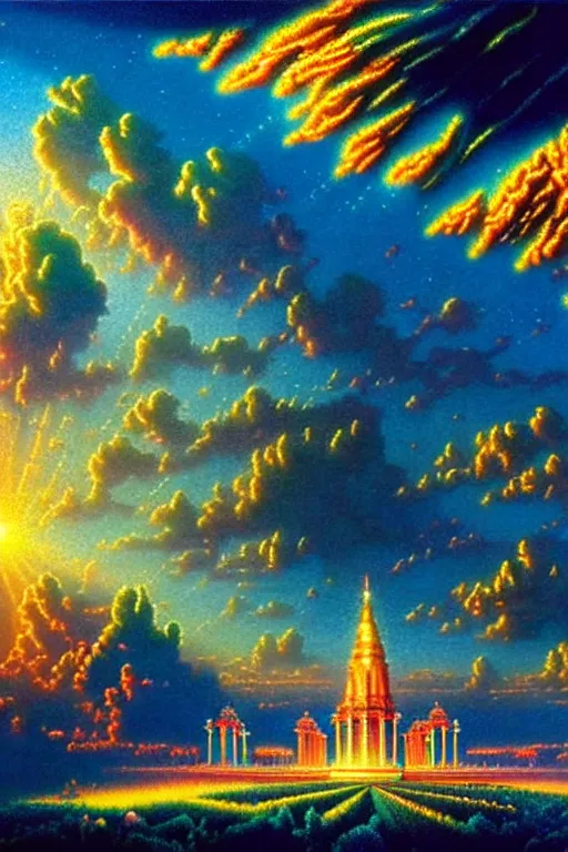 Prompt: a photorealistic detailed cinematic image of a beautiful vibrant iridescent future for human evolution, spiritual science, divinity, utopian, cumulus clouds, ornate gardens of magic, isometric, by david a. hardy, kinkade, ishka lha, wpa, public works mural, socialist