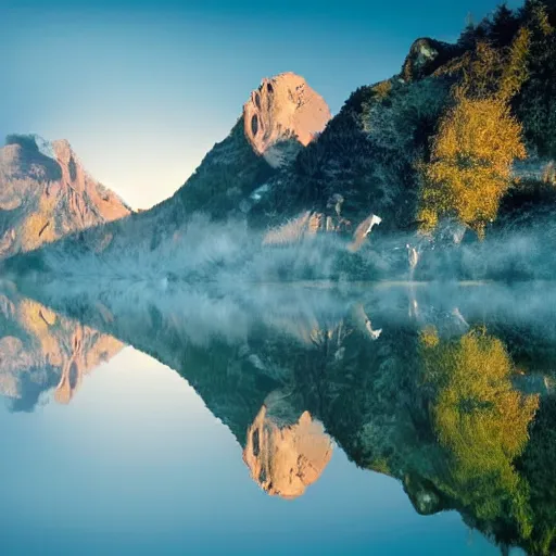 Image similar to photo of two black swans touching heads in a beautiful reflective mountain lake, a colorful hot air balloon is flying above reflecting off water, hot air balloon, intricate, 8k highly professionally detailed, centered, HDR, CGsociety