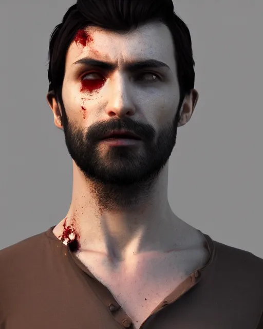 Image similar to 3 / 4 portrait, male vampire, brown skin, night, long dark red hair, dark blue shirt, beautiful, modern, bloodied mouth, jewelry, william bouguereau, rossdraws, greg rutkowski, super detailed, realistic, octane render, volumetric, cinematic, 8 k