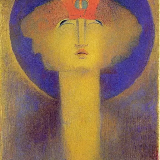 Prompt: Artemixel, the modern reincarnation of the old selenium god of hunt, also known as Artemis the Selene, carrying the celebrated Crown of the Crescent Moon, wich its usual bright and slightly bluish crescent like the brightness of the night. Portrait by Odilon Redon, oil on canvas