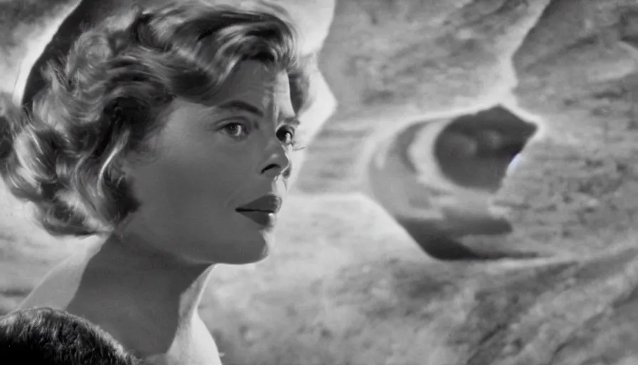 Prompt: film capture, ingrid bergman as barbarella, exploring an alien planet. symmetrical face. symmetrical body. cinematic. 1 0 0 mm lens. realistic. photograph.