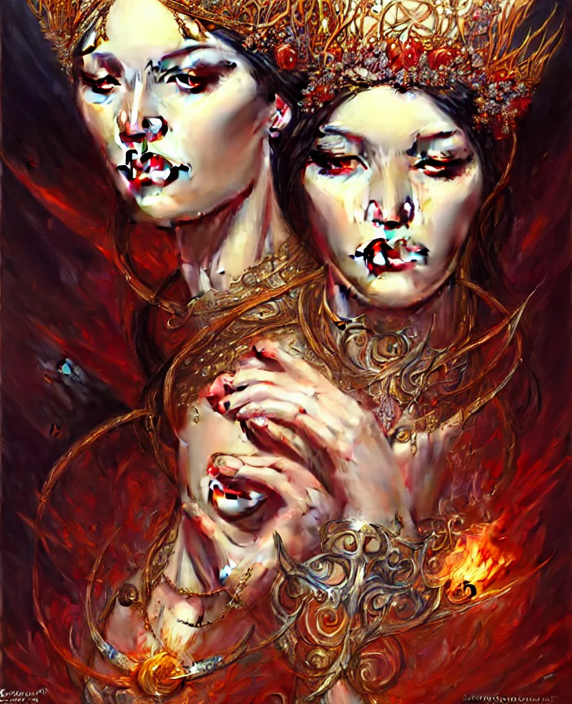 Image similar to A portrait of a female jewels-crowned sorceress; by Karol Bak and Jia Ruan, artstation, deviantart, fantasy art, rpg portrait