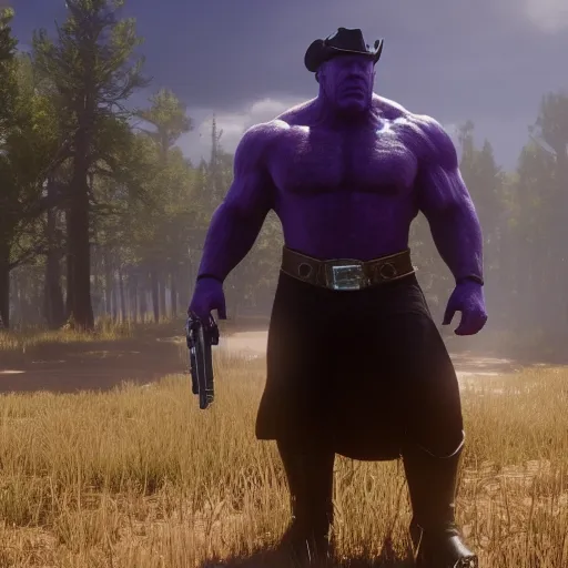 Image similar to Film still of Thanos, from Red Dead Redemption 2 (2018 video game)