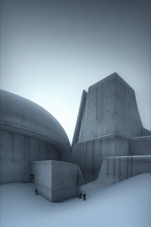 Image similar to sci - fi concrete brutalist architecture in the italian dolomites, snowfall, rutkowski, zaha hadid, beksinski, oil painting, photoreal, highly detailed, 8 k, hd, vray, artstation, cinematic matte painting, soft pastl sunset, extreme detail photo quality, dark moody colors, featured on behance