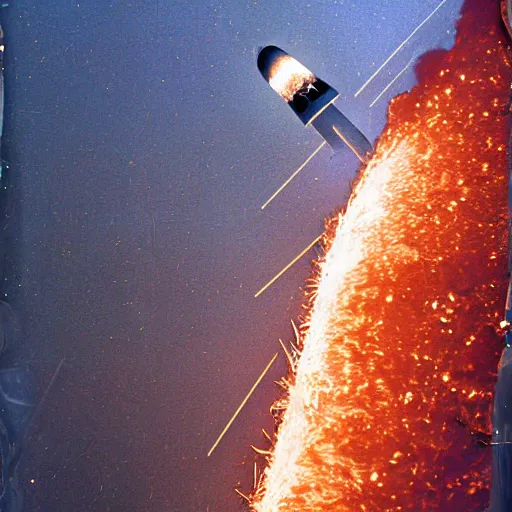 Image similar to apollo command module reentering the earth's atmosphere, heatshield ablasion, fire, dramatic, photograph, epic, cinematic, trail of sparks