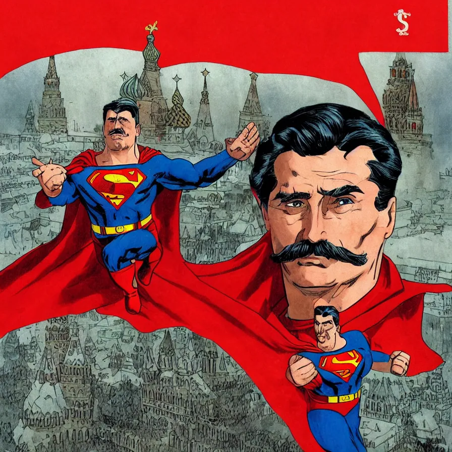 Prompt: epic comic book cover of stalin as superman floating over the red square ( moscow ), red banners, soviet nostalgia, socialist realism, aesthetically pleasing, finely detailed facial features, hyperrealist, intricate digital art, trending artstation, artgem, rich moody colors, fan art, concept art, in the style of the red son, by cory walker and ryan ottley