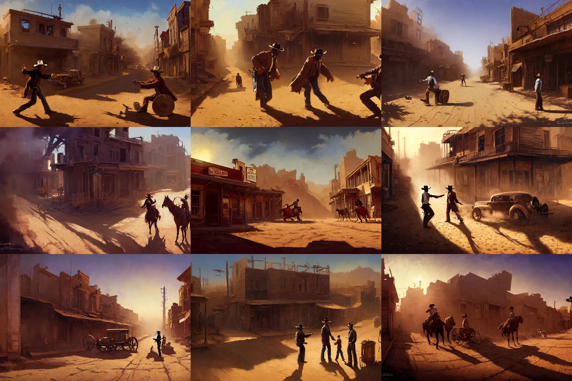 Prompt: a detailed ultra wide cinematic painting of an old west duel in the dusty street of an abandoned farwest town, high noon, contrasted lighting and shadows, short focal, fisheye lens, only two characters, art by craig mullins and cedric peyravernay, by raphael lacoste and rhads