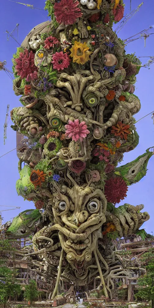 Image similar to colossal grotesque prehistoric psyhedelic alien predator flower made from best unfulfilled mankind projects in the middle of abandoned post soviet constructivist cityscape, Stalinist architecture, ultradetailed, Intricate by Hayao Miyazaki and Josan Gonzalez and Makoto Shinkai and Giuseppe Arcimboldo and Wes Anderson