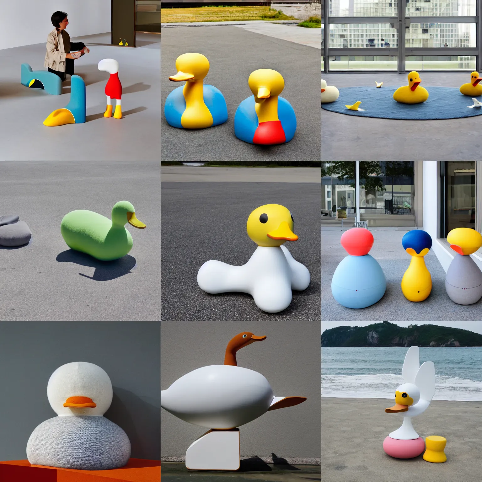 Prompt: duck duck goose giant toy by dieter rams at shore cloudy