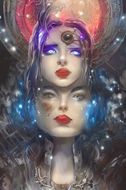 Prompt: Path of Exile, Maven, clear face, big blue eyes, straight nose, female image in shadow, with silver purple hair among colourful lights, dark blue spheres fly around, Anachronism, painting, dark fantasy, steampunk, 4k