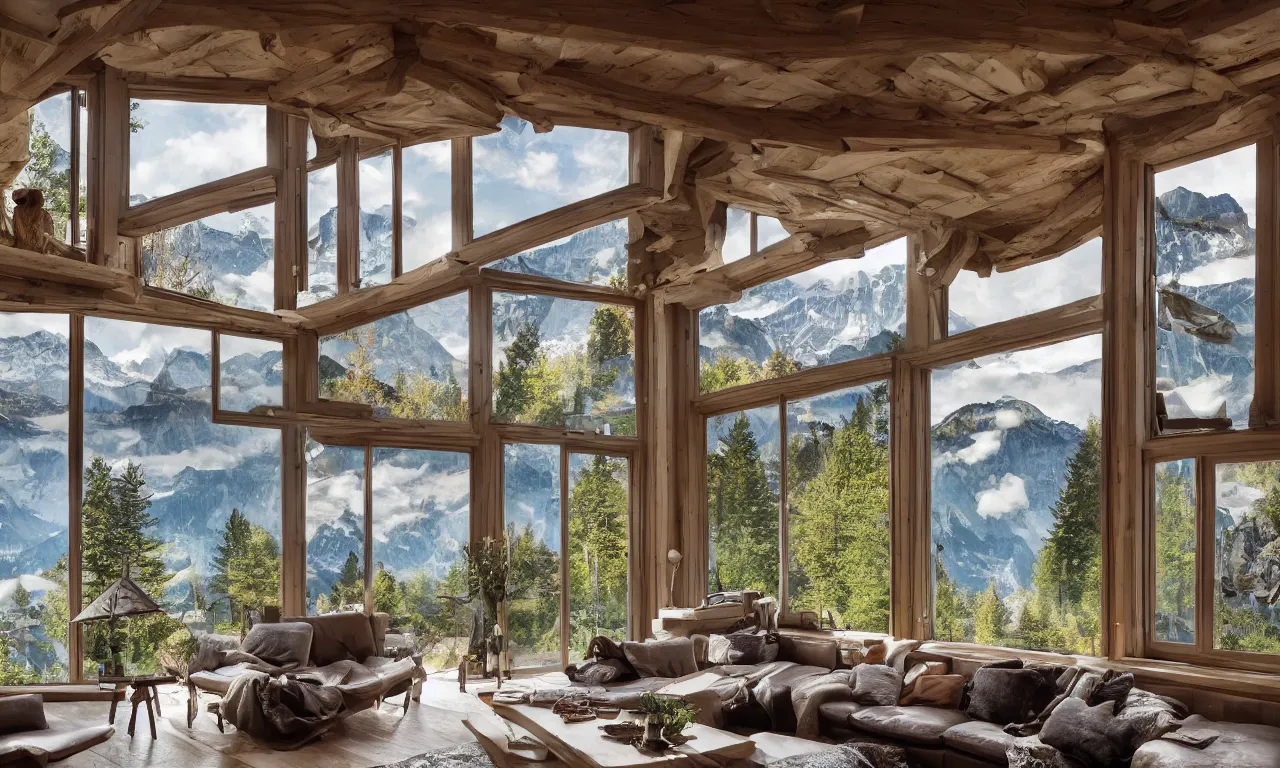 Image similar to fantastical living room with switzerland landscape in the window