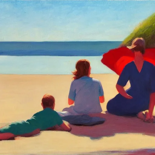 Image similar to a family sitting on a blanket at the beach watching the sun go down in the style of Edward hopper