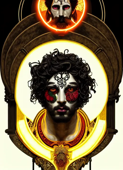 Image similar to portrait of greek god ares, black curly hair, glowing eyes, volumetric lights, face tattoo, yellow red scheme, art nouveau botanicals, gothic, intricate, highly detailed, digital painting, artstation, concept art, smooth, sharp focus, symmetric face, illustration, steampunk, art by artgerm and greg rutkowski and alphonse mucha