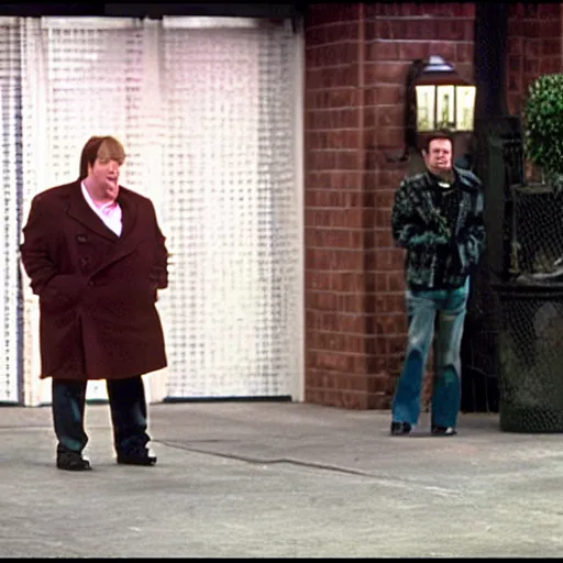 Image similar to NEW YORK CITY, NY JAN 8 2023: Chris Farley reacts to wearing a coat that's too small for him (COMEDY CENTRAL)