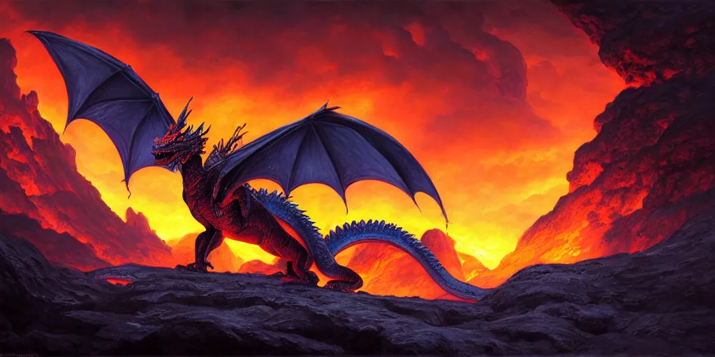 Prompt: dragon in a volcanic landscape, magical energies emanating from it, fantasy art, matte painting, sharp focus, vibrant colors, high contrast, illustration, art by justin gerard