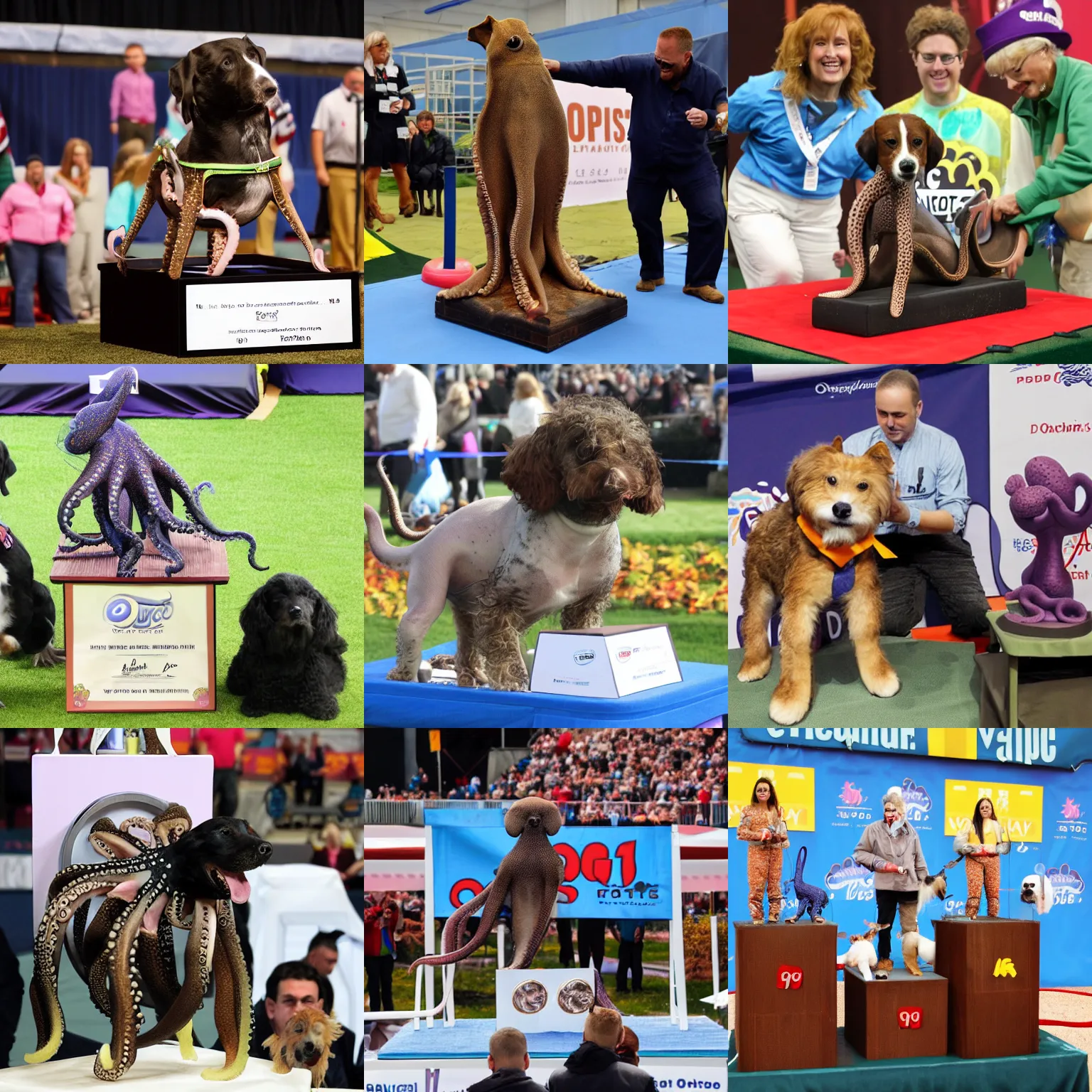 Prompt: octopus wins first place in a dog show, three tier podium