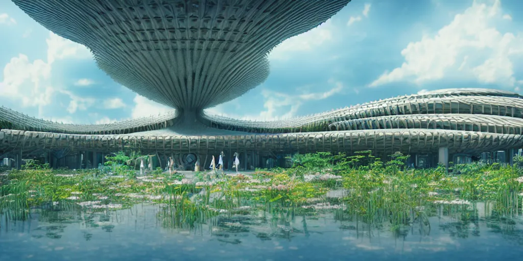 Image similar to expo 6 7 pavillion, solarpunk, studio ghibli, jean - baptiste monge, octane render, 4 k, symmetry