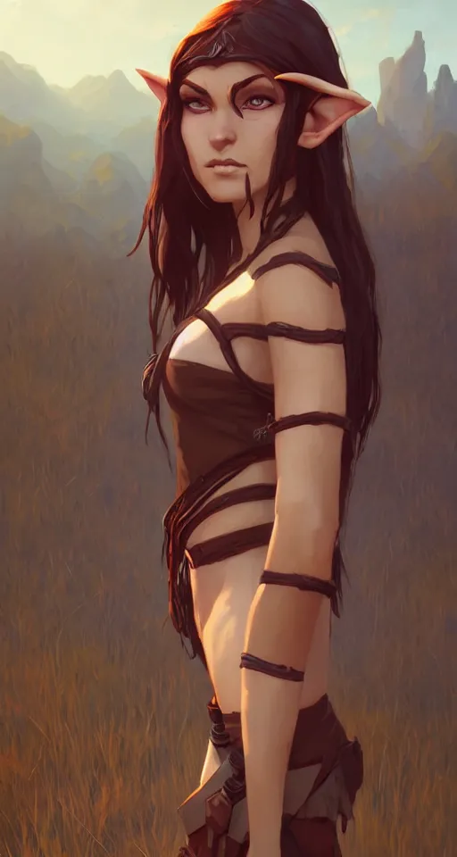 Image similar to half orc half elf woman, beautiful face and small orc tusks, standing in the savannah, by ilya kuvshinov, krenz cushart, Greg Rutkowski, trending on pixiv