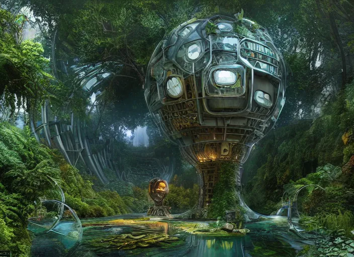 Prompt: detailed underground lair hideout, complex robotic apparatus, shire, utopian hobbit-hole, intricate futuristic technology, arcology made out of lush flora, dense quaint pastoral fantasy landscape, giant PC water cooling tubes filled with glowing liquid illuminating, shire, magic hour, futuristic treehouse jungle, 3d render by Ivan Shishkin